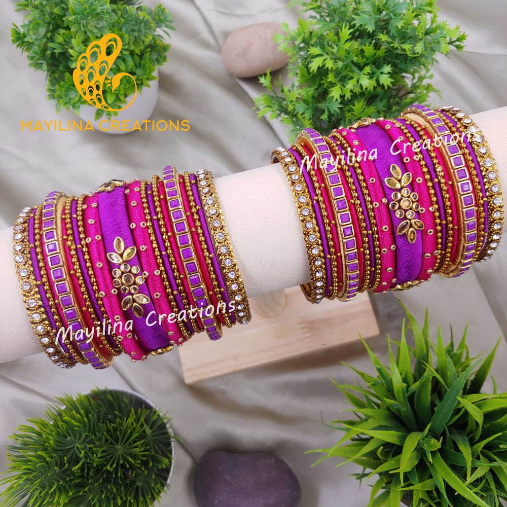 Purple and Pink Kundan Silk Thread Bangles with Metal Bangles for Women, for Wedding