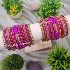 Purple and Pink Kundan Silk Thread Bangles with Metal Bangles for Women, for Wedding