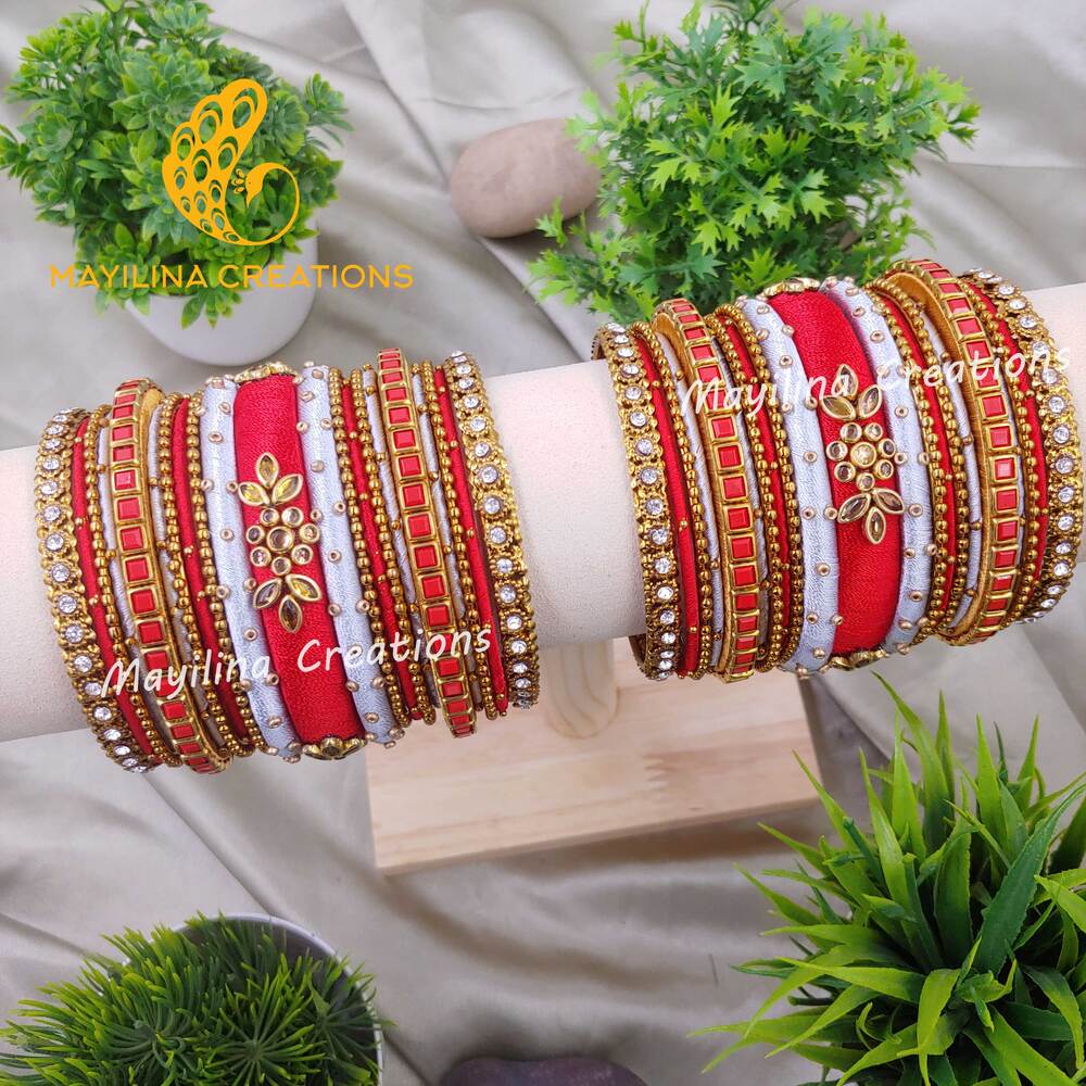 Red and Silver Kundan Silk Thread Bangles with Metal Bangles for Women, for Wedding