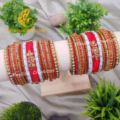 Red and Silver Kundan Silk Thread Bangles with Metal Bangles for Women, for Wedding