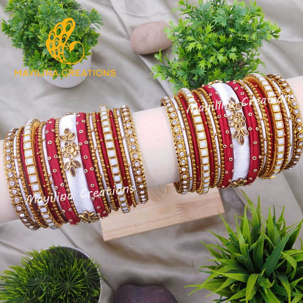 Maroon and White Kundan Silk Thread Bangles with Metal Bangles for Women, for Wedding