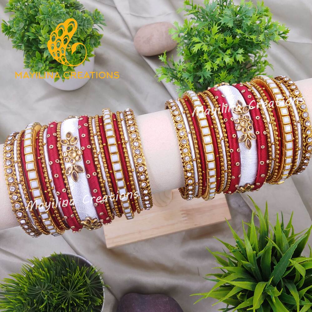 Maroon and White Kundan Silk Thread Bangles with Metal Bangles for Women, for Wedding