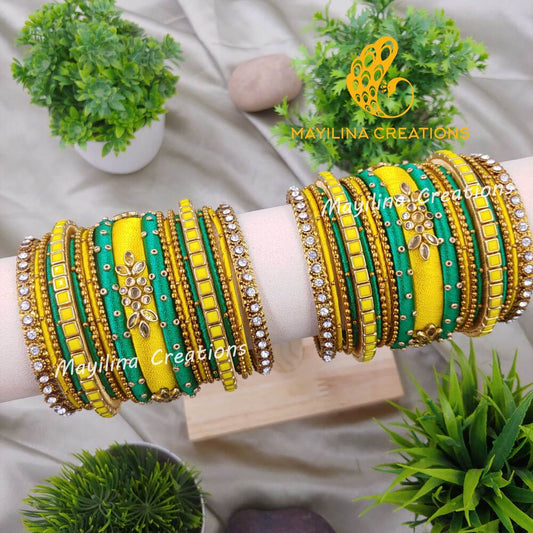 Yellow and Green Kundan Silk Thread Bangles with Metal Bangles for Women, for Wedding