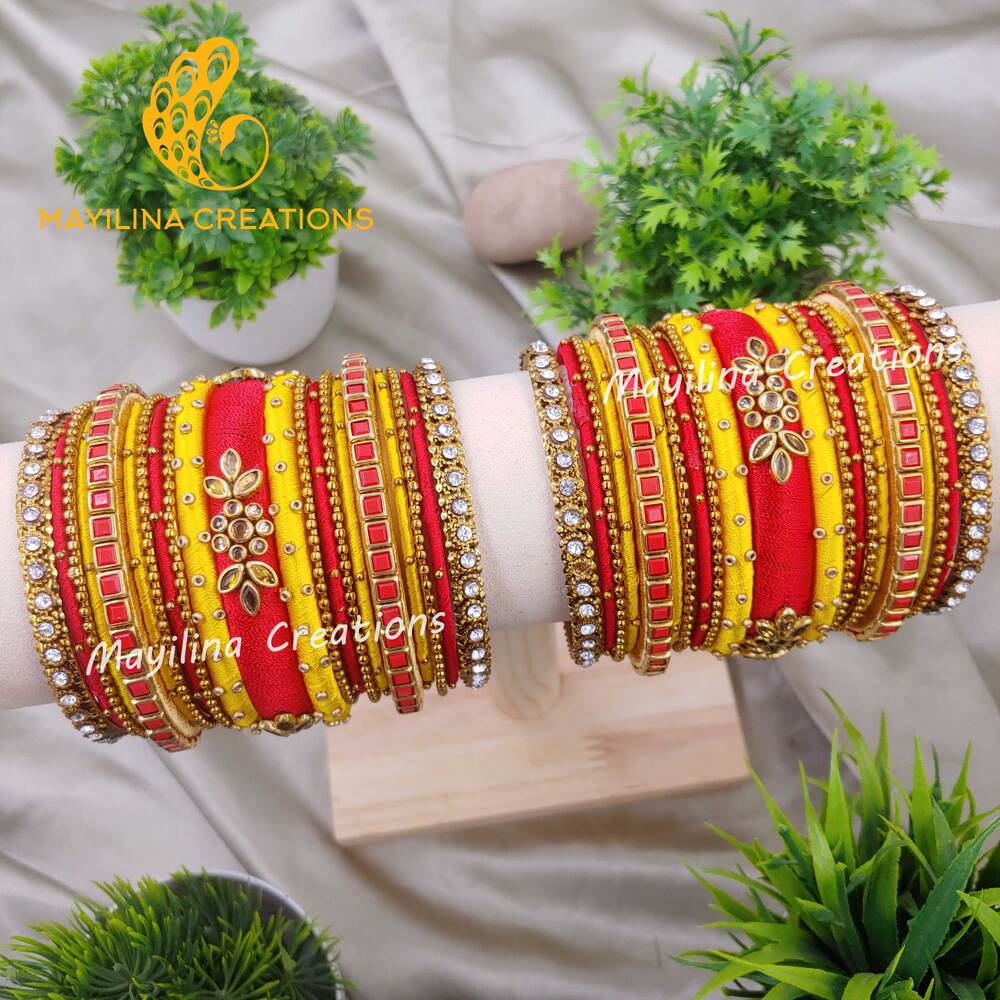 Red and Yellow Kundan Silk Thread Bangles with Metal Bangles for Women, for Wedding