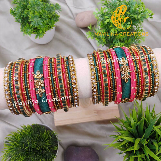 Pink and Dark Green Kundan Silk Thread Bangles with Metal Bangles for Women, for Wedding