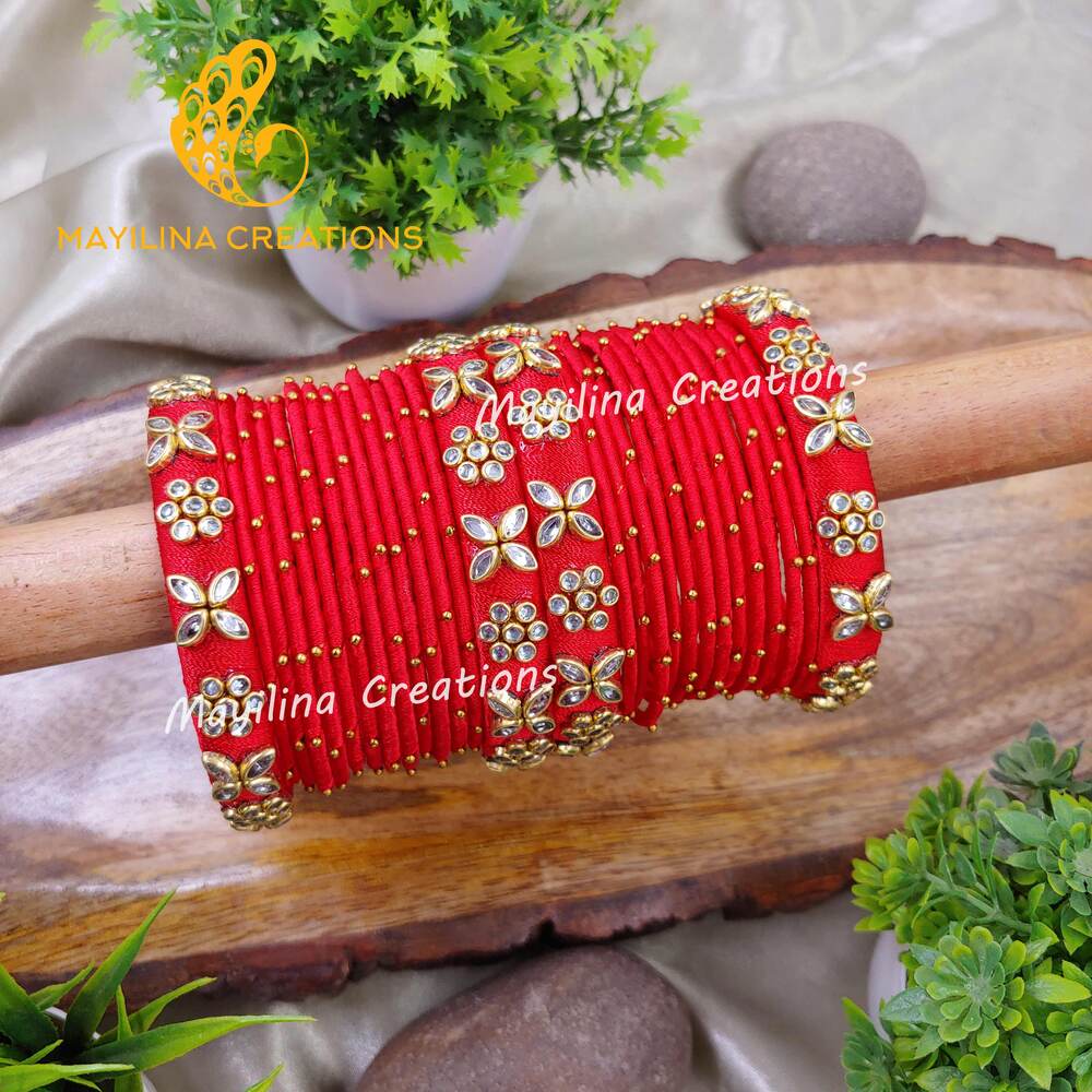 Red Silk Thread Bangles with Metal Bangles for Women, for Wedding