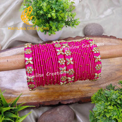 Dark Pink Silk Thread Bangles with Metal Bangles for Women, for Wedding