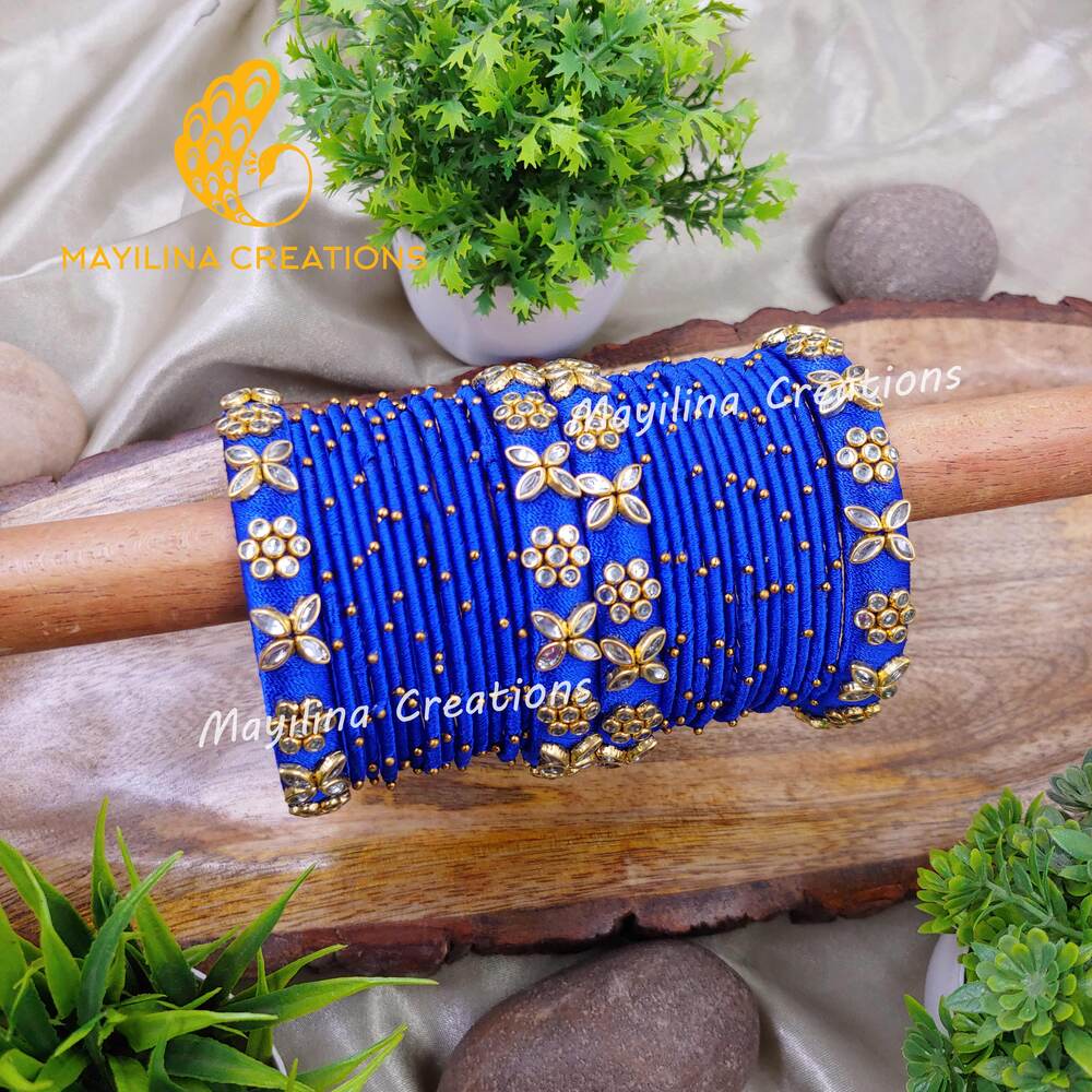 Dark Blue Silk Thread Bangles with Metal Bangles for Women, for Wedding