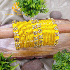 Yellow Silk Thread Bangles with Metal Bangles for Women, for Wedding