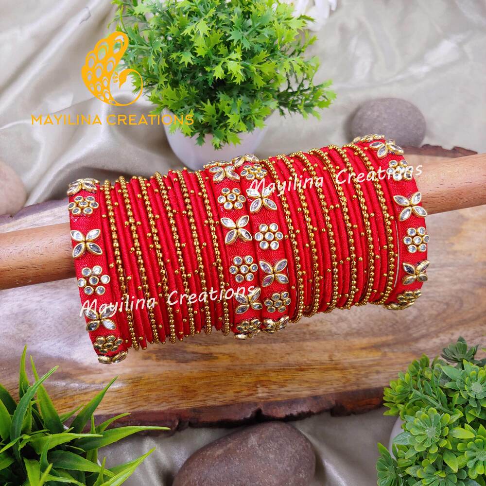 Silk Thread Bangles with Metal Bangles and Metal Gold Bead Bangles for Women, for Wedding