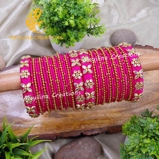 Silk Thread Bangles with Metal Bangles and Metal Gold Bead Bangles for Women, for Wedding