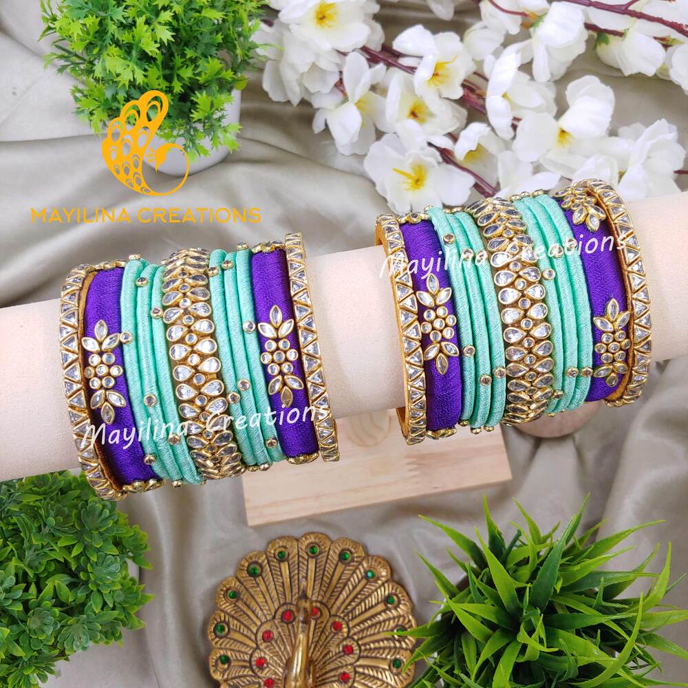 Violet and Light Blue Kundan Silk Thread Bangles for Women, for Wedding