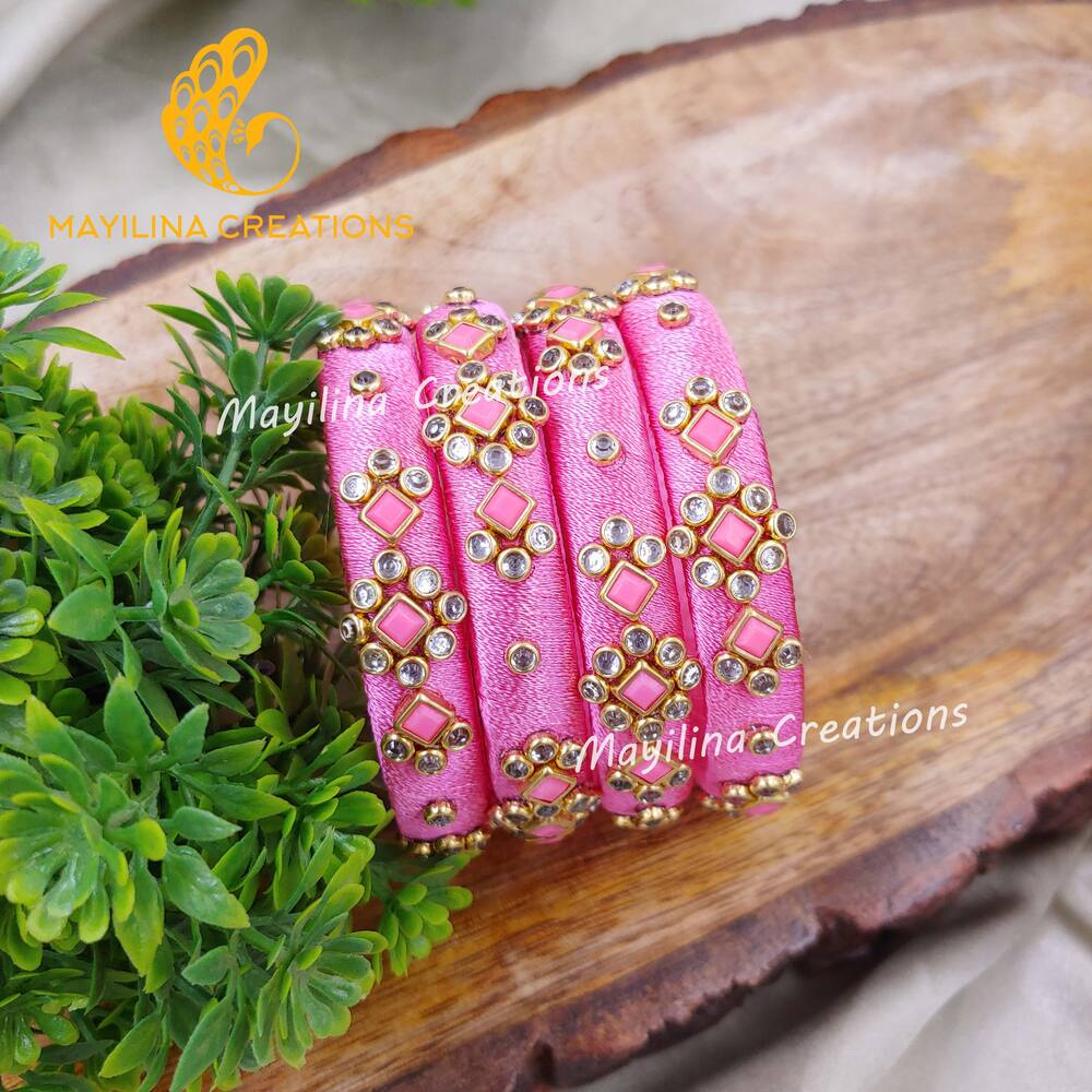 Pink Silk Thread Kundan Bangles(Set of 4) for Women, for Wedding