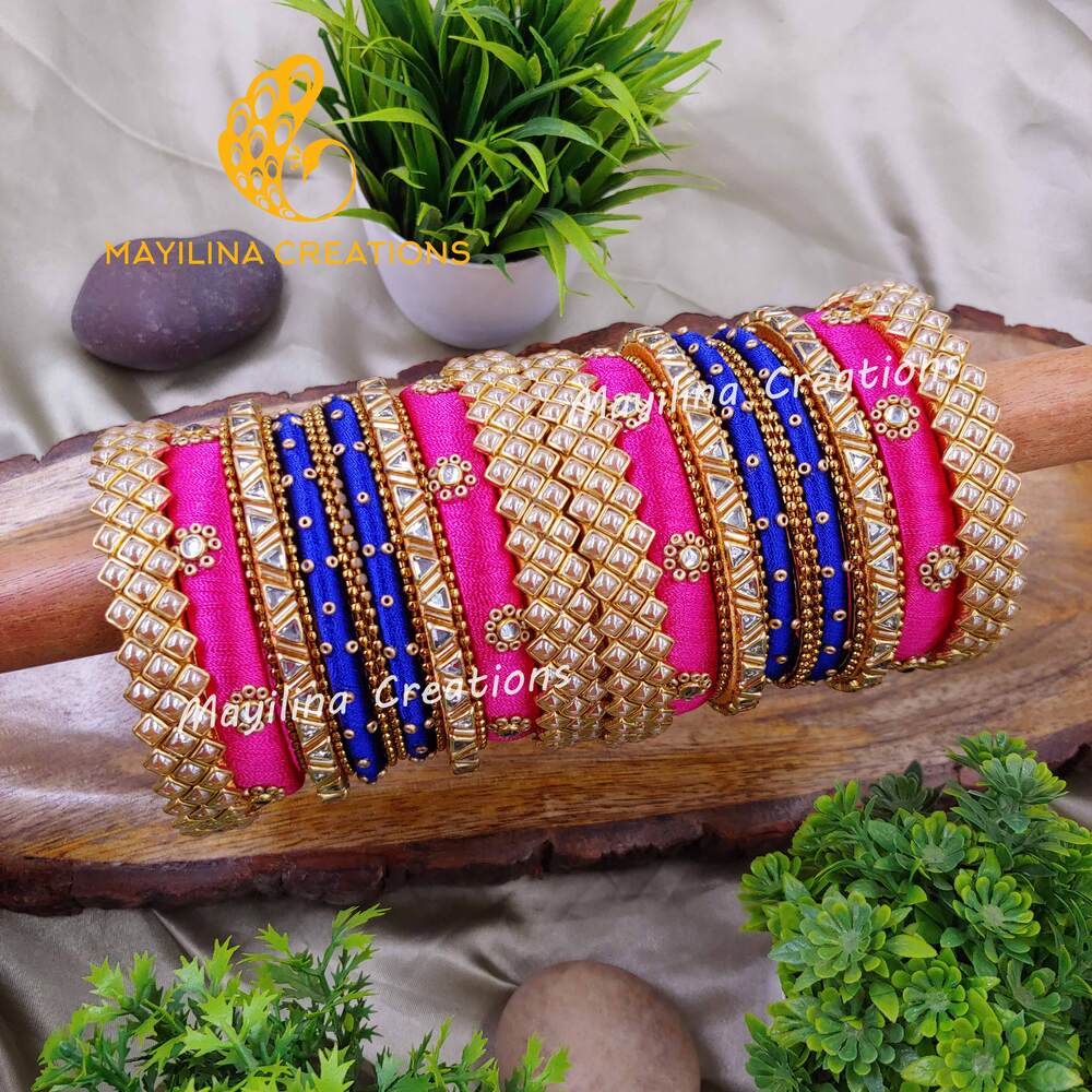 Dark Pink and Dark Blue Kundan Silk Thread Bangles with Metal Bangles for Women, for Wedding