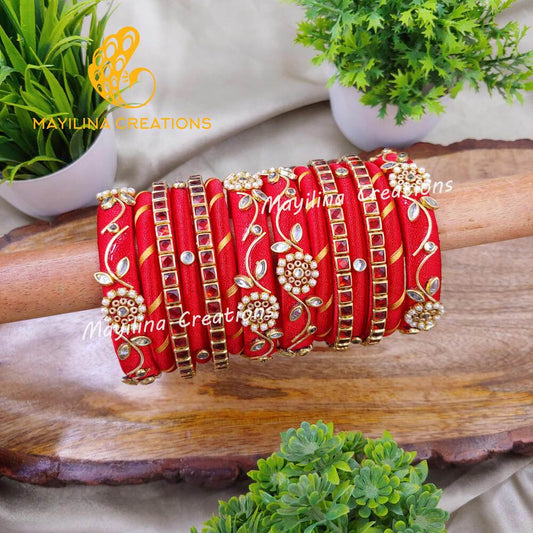 Red Kundan Silk Thread Bangles with Flower Border Bangles (Set of 14 bangles)