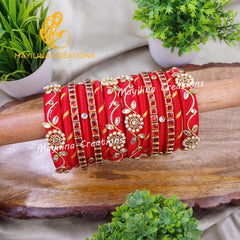 Red Kundan Silk Thread Bangles with Flower Border Bangles (Set of 14 bangles)