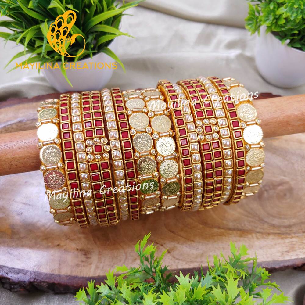 Maroon and Gold Kundan Silk Thread Bangles with Metal Bangles and Coin Bangles, Bridal Set for Wedding for Women (Copy)