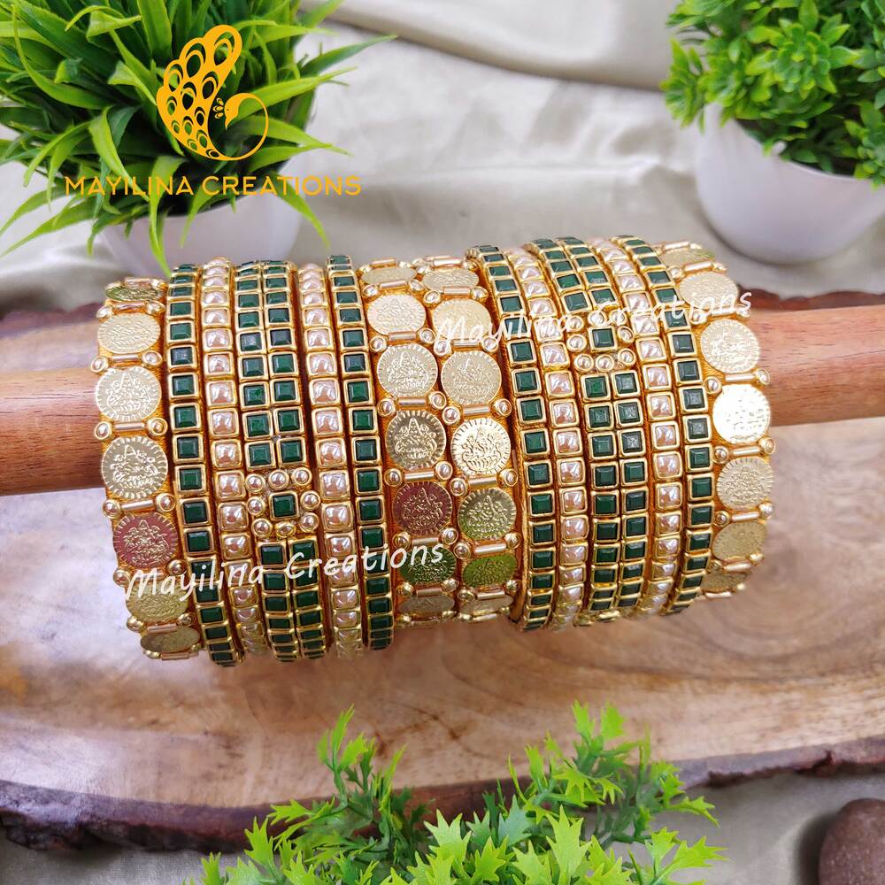 Dark Green and Gold Kundan Silk Thread Bangles with Coin Bangles, Bridal Set for Wedding for Women