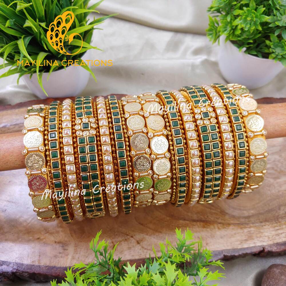 Dark Green and Gold Kundan Silk Thread Bangles with Metal Bangles and Coin Bangles, Bridal Set for Wedding for Women