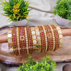 Maroon and Gold Kundan Silk Thread Bangles with Metal Bangles and Coin Bangles, Bridal Set for Wedding for Women (Copy)