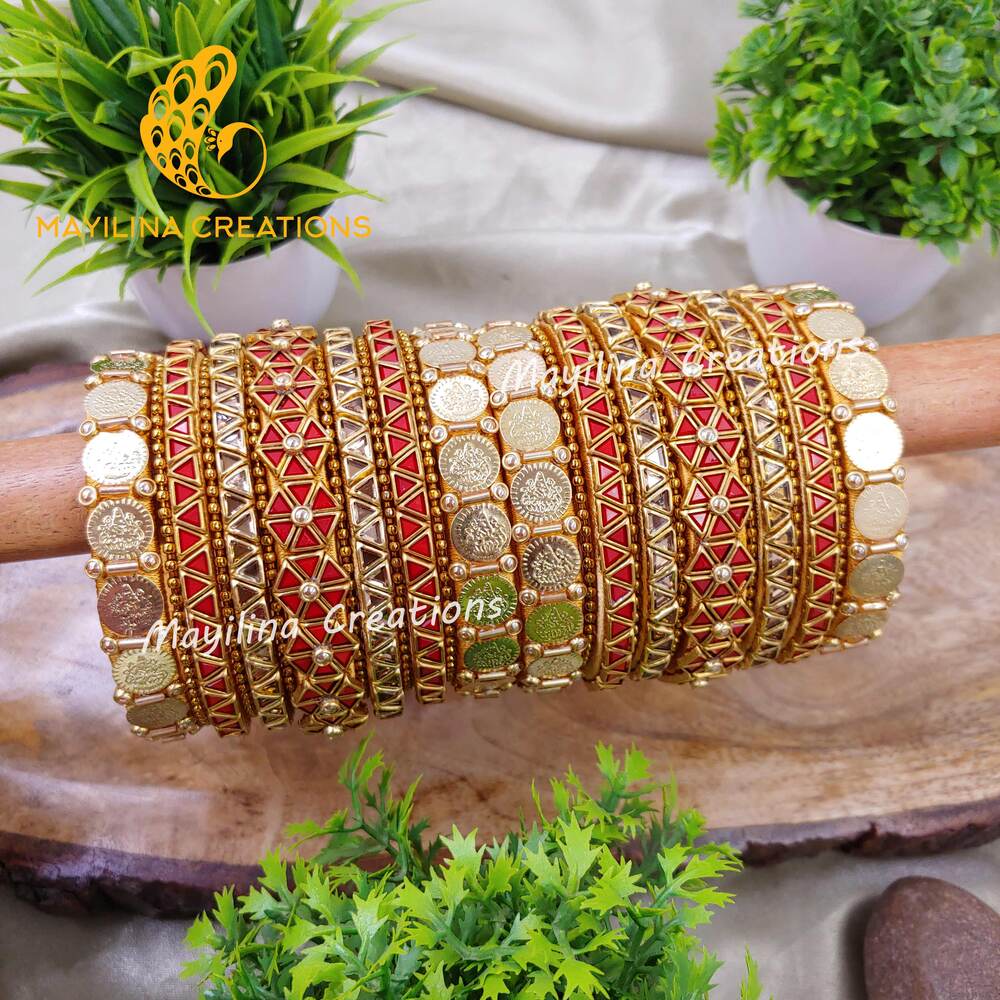 Maroon and Gold Kundan Silk Thread Bangles with Metal Bangles and Coin Bangles, Bridal Set for Wedding for Women