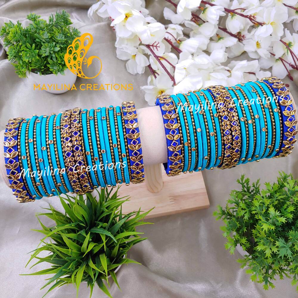 Dark and Light Blue Silk Thread Bangles with Metal Bangles, Bridal Set for Wedding for Women