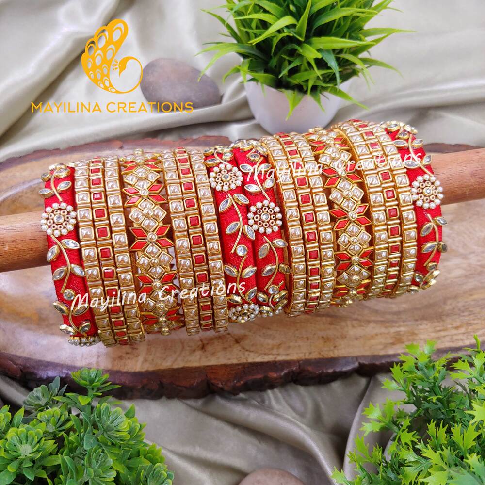 Red and Gold Kundan Silk Thread Bangles with Flower Border Bangles (Set of 20 bangles)