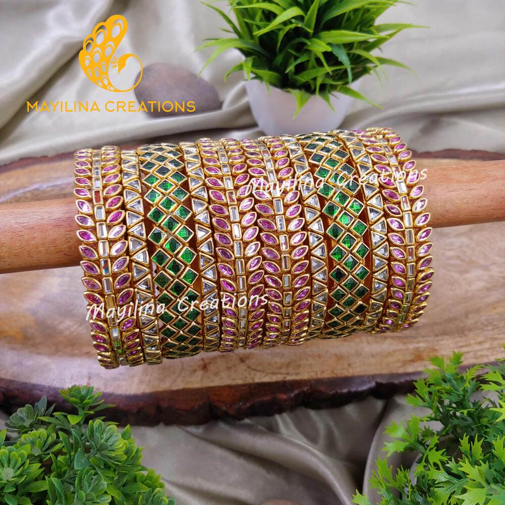 Light Pink and Green Kundan Leaf Pattern Silk Thread Bangles in border with middle Kundan Kada Bangles (Set of 10 bangles)