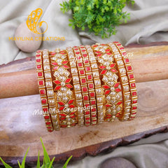 Red and Gold Kundan Single Line Silk Thread Bangles with middle Kundan Kada Bangles (Set of 10 bangles)