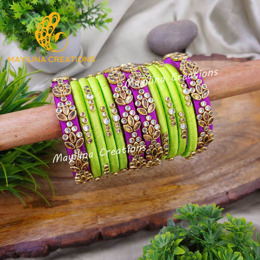 Purple and Light Green Budget Friendly Silk Thread Bangles for Wedding