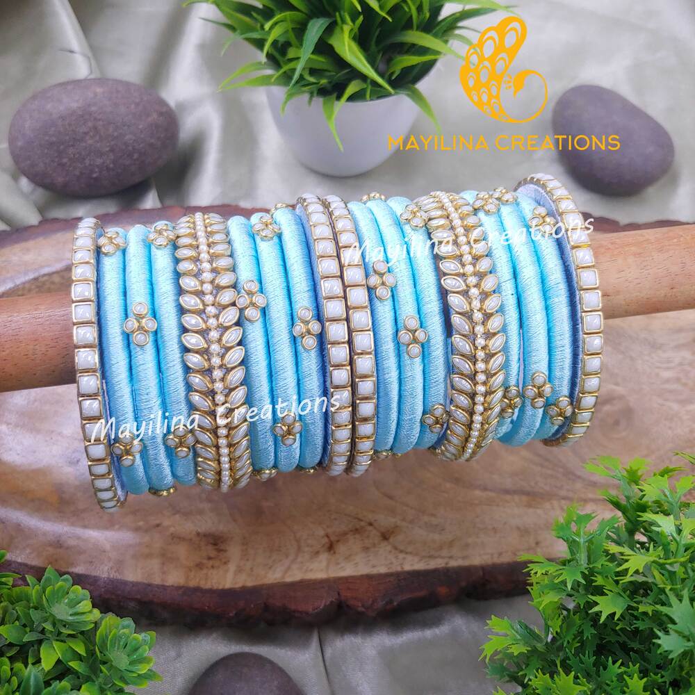 Blue with White Pearl Silk Thread Bangles for Wedding