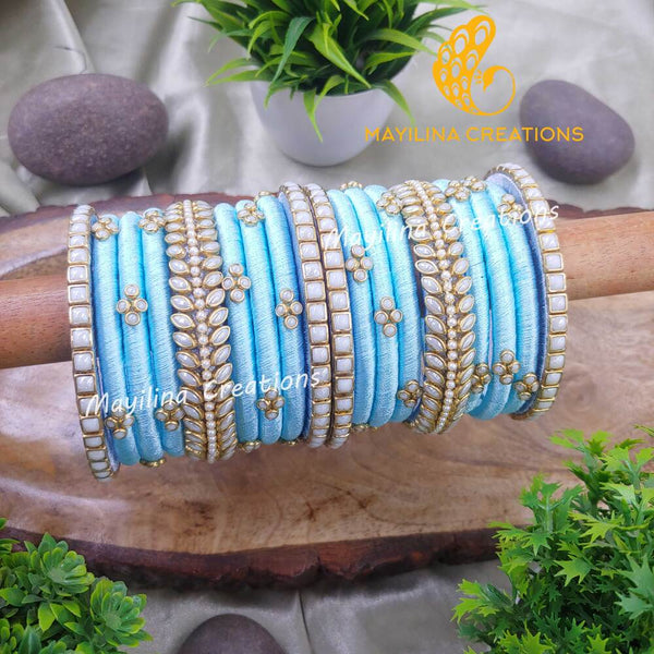 Blue with White Pearl Silk Thread Bangles for Wedding
