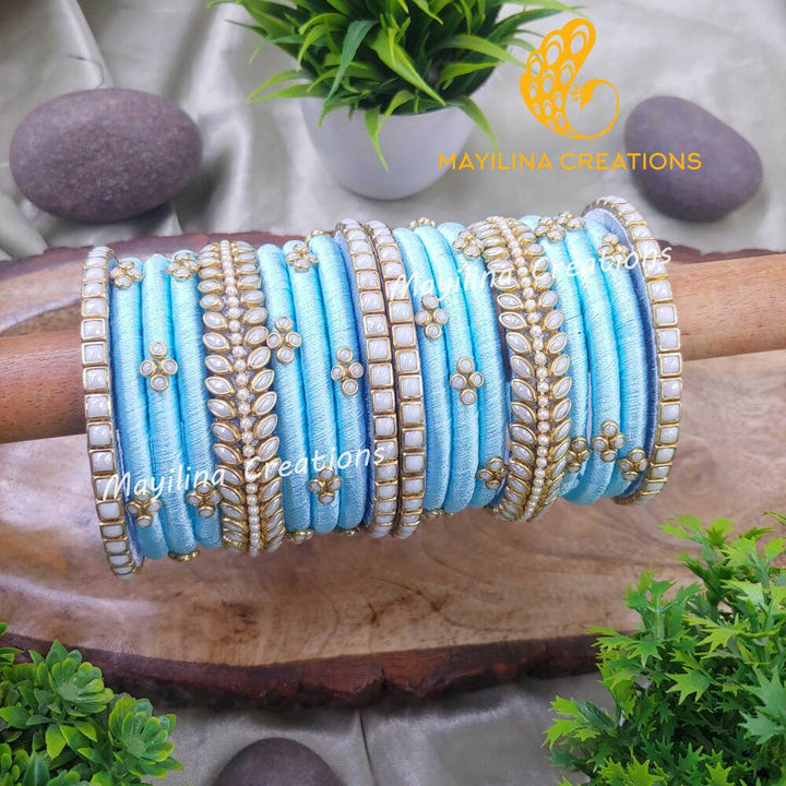 Blue with White Pearl Silk Thread Bangles for Wedding