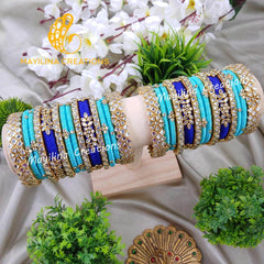 Light and Dark Blue Heavy Kundan Silk Thread Bridal Bangles for Women, for Wedding