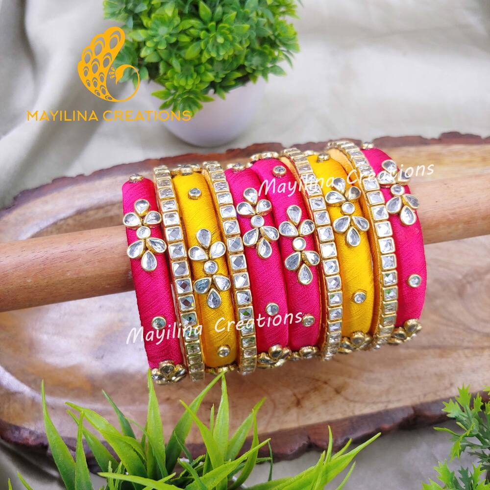 Pink and Yellow Budget Friendly Silk Thread Bangles for Wedding, Return Gifts