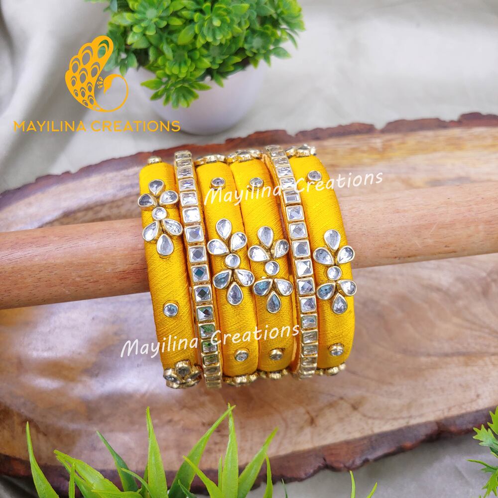 Yellow Budget Friendly Silk Thread Bangles for Wedding, Return Gifts