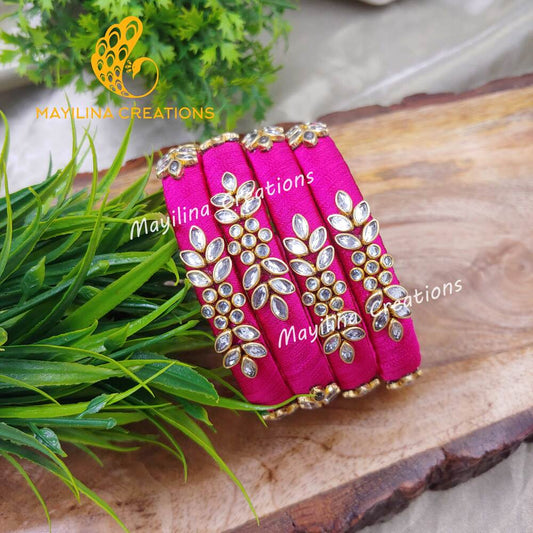 Flower Design Multicolor Silk Thread Bangles(Set of 4 Bangles)