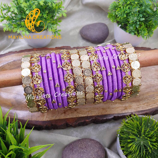 Lavender with Lakshmi Coin Silk Thread Bangles for Wedding