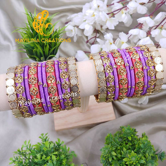 Lavender and Orange with Lakshmi Coin Silk Thread Bangles for Wedding