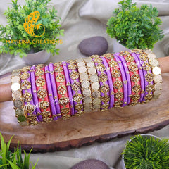 Lavender and Orange with Lakshmi Coin Silk Thread Bangles for Wedding