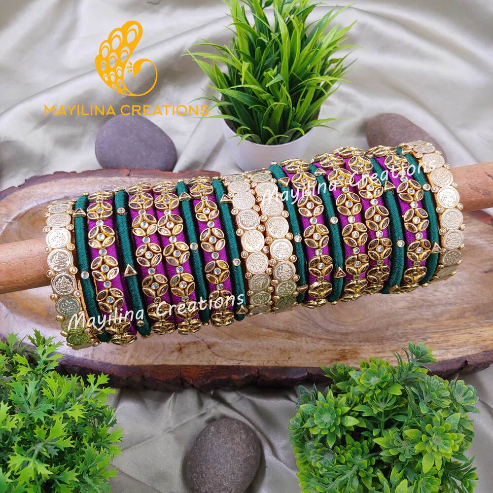 Purple and Green with Lakshmi Coin Silk Thread Bangles for Wedding