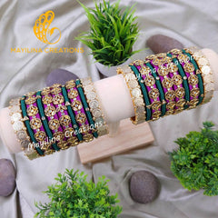 Purple and Green with Lakshmi Coin Silk Thread Bangles for Wedding