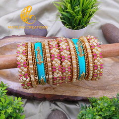 Blue Peacock with Pink and Gold Pearl Kundan Silk Thread Bridal Bangles for Women, for Wedding