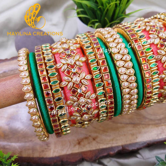 Orange and Green Kundan Silk Thread Bangles for Wedding