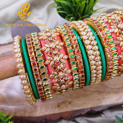 Orange and Green Kundan Silk Thread Bangles for Wedding