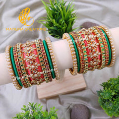 Orange and Green Kundan Silk Thread Bangles for Wedding