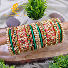 Orange and Green Kundan Silk Thread Bangles for Wedding