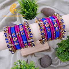 Pink and Blue Lotus Kundan with Lakshmi Coin Silk Thread Bangles for Wedding