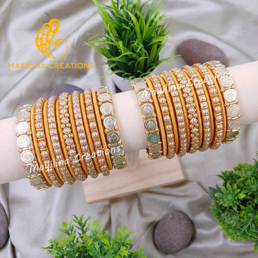 Gold Kundan with Lakshmi Coin Silk Thread Bangles for Wedding