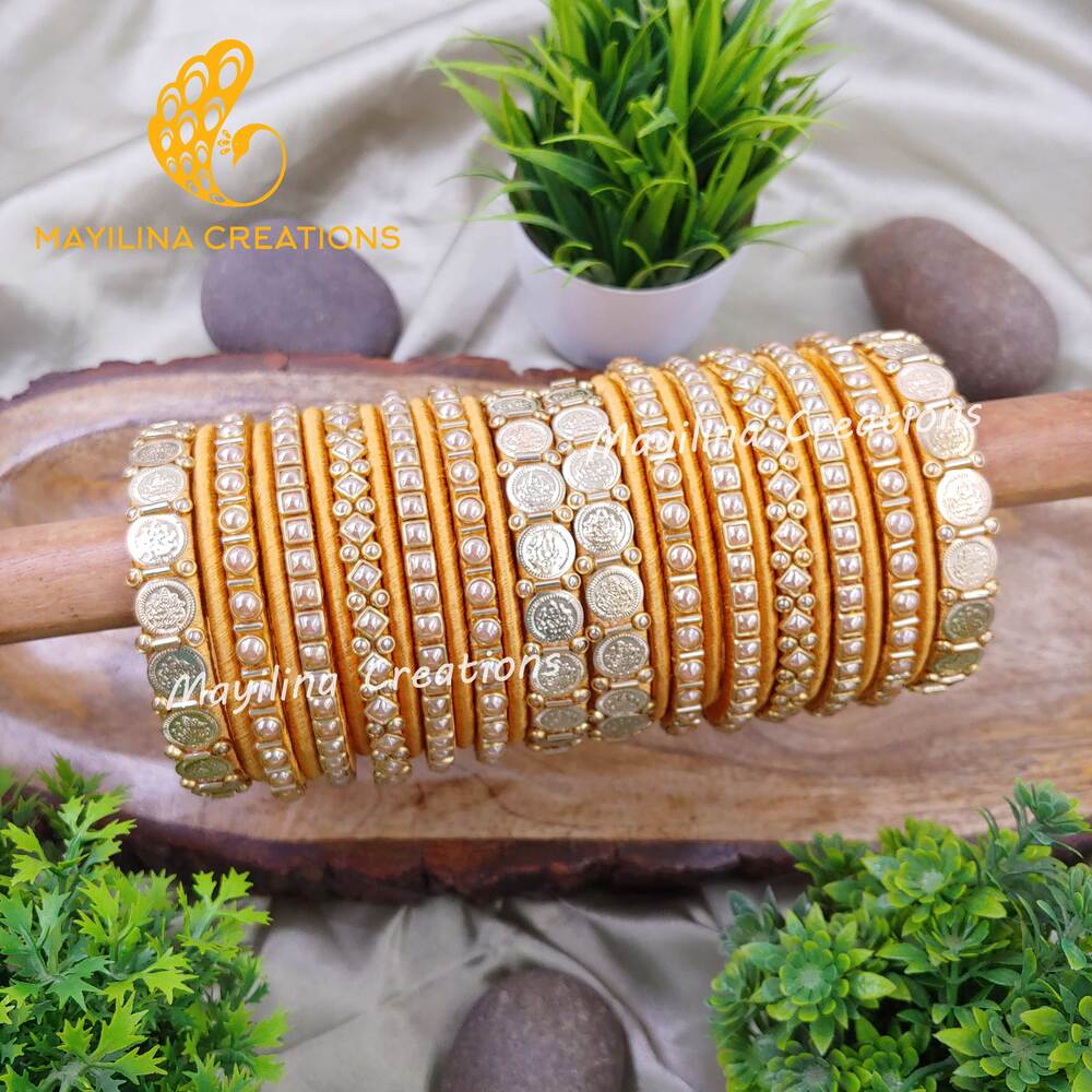 Gold Kundan with Lakshmi Coin Silk Thread Bangles for Wedding